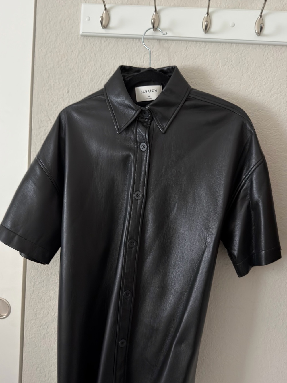 Babaton Black Faux Leather Short Sleeve Button-Up Shirt
